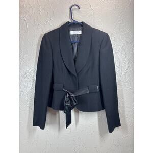Tahari Tweed Satin Belt Stone Snap Belt Fitted Blazer Jacket‎ Petite 2 Black